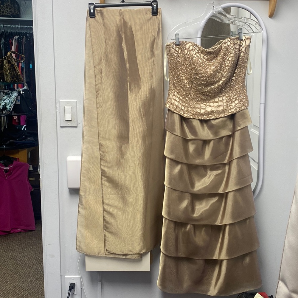 Dolce Jovani Long Gold Strapless Dress With Bedazzling and Matching Scarf